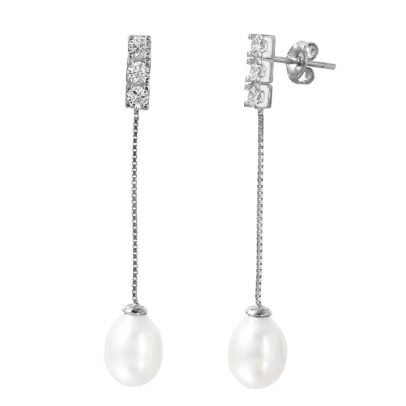 Ladies earrings retro hoops -Silver 925 Rhodium Plated Chain Pearl CZ Dangling Stud Earrings - STE01004