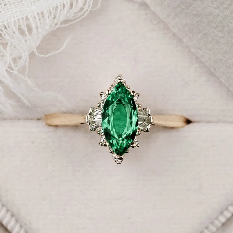 Ladies engagement rings for seeker love -The Verdeline -  Green Emerald Marquise Engagement Ring with Natural Diamond Halo