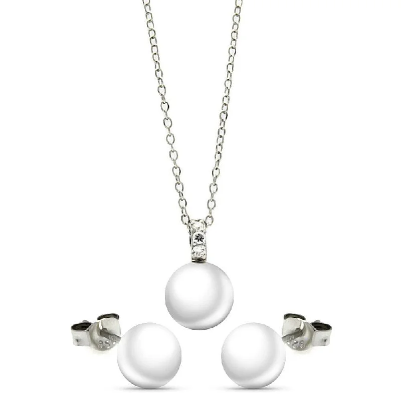 Ladies earrings ultra-light studs -Rhodium Plated 925 Sterling Silver Pearl Stud Earring and Necklace Set - STS00447WHT