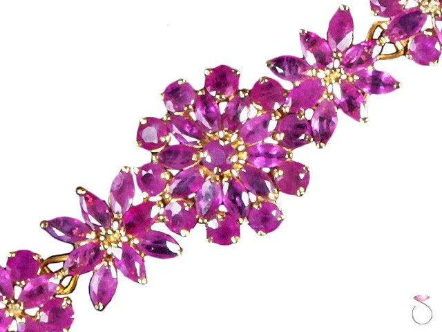 ladies-everyday-silver-bracelets-Estate Floral 11.00ct Red Ruby Bracelet in 14K Yellow Gold