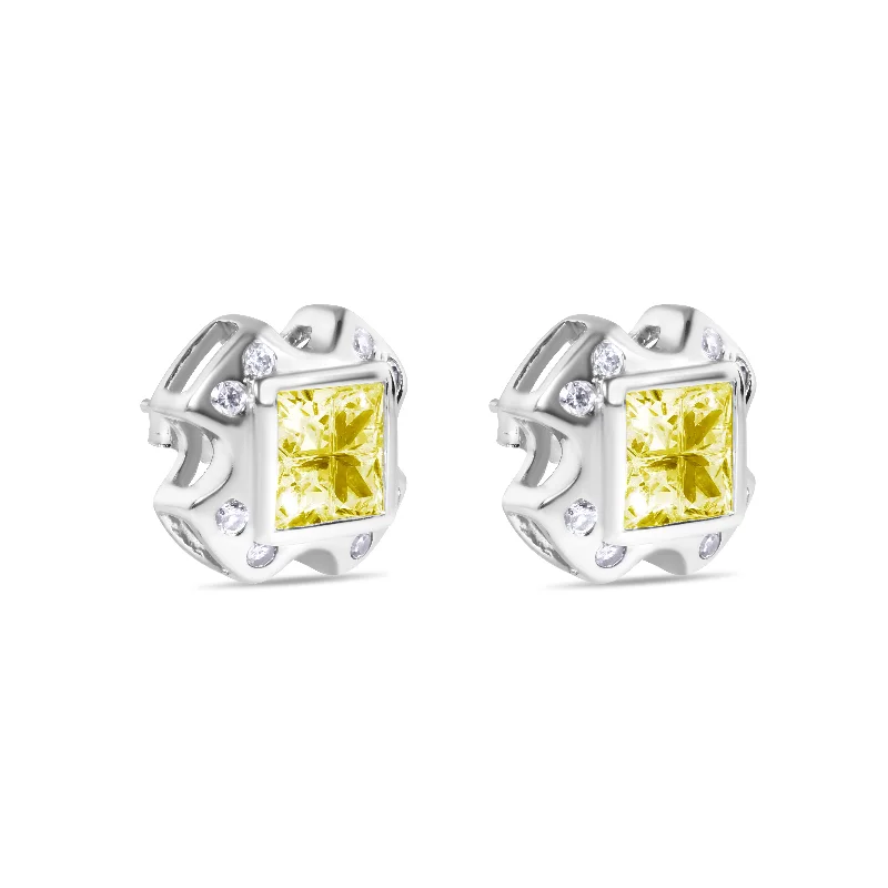 Ladies earrings fine craft -Final Price-High Polished 925 Sterling SilverCross Design Invisible Yellow CZ Center Stud Earrings - STEM139YLW