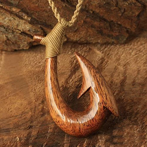 ladies-flower-pendant-necklaces-Plain Koa Wood Fish Hook Necklace