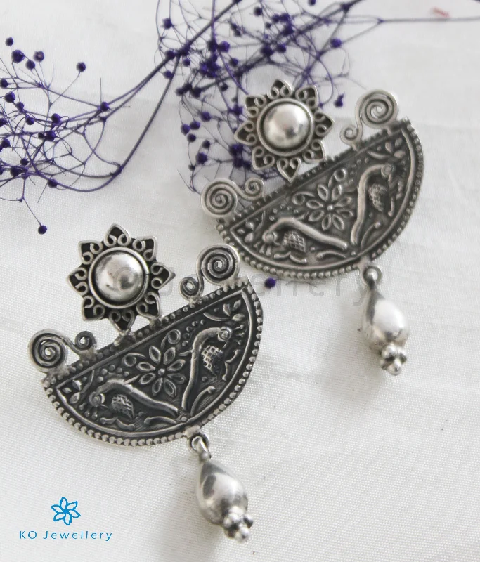 Ladies earrings narrow drops -The Kundalin Silver Peacock Earrings