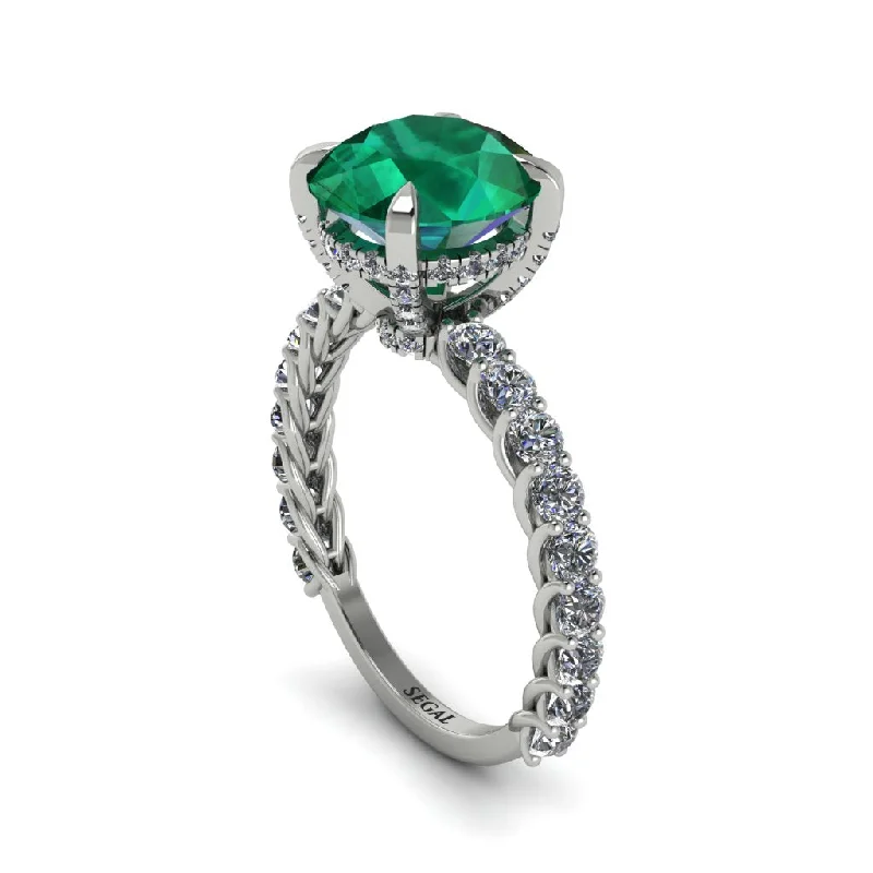 Ladies engagement rings vivid gemstones -Emerald Twisted Band Halo Engagement Ring - Avianna No. 6