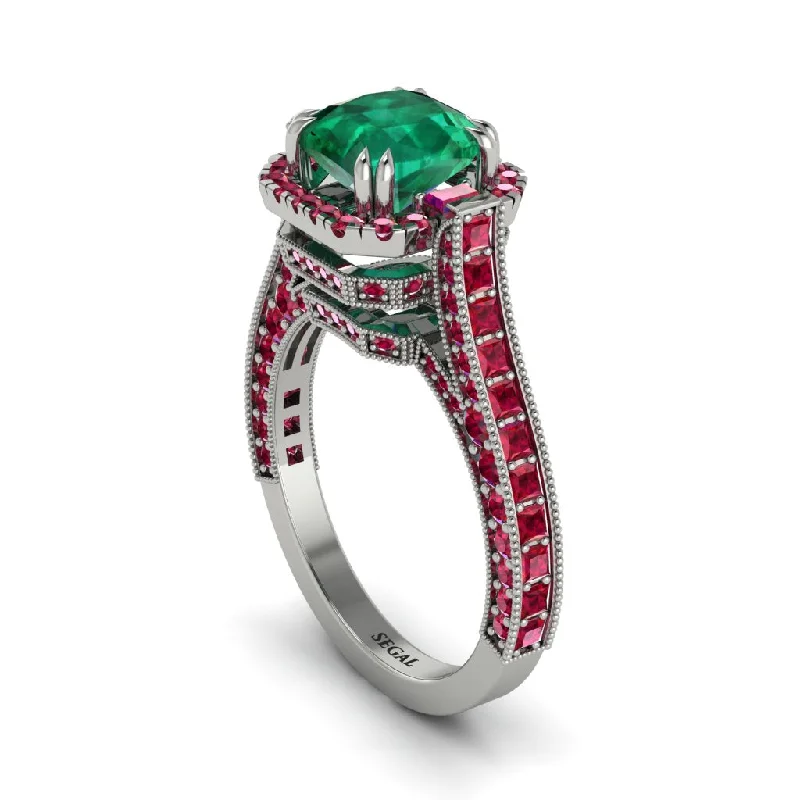 Ladies engagement rings for eternal bonds -Emerald Three Halo Milgrain Engagement Ring - Mira No. 51