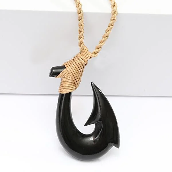 ladies-diamond-pendant-necklaces-Black Bone Plain Fish Hook Necklace Brown Cord 25x45mm