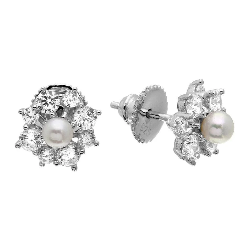 Ladies earrings for visionaries -Silver 925 Rhodium Plated Clear CZ Flower Earrings with Center Fresh Water Pearl - GME00065RH-WHITE