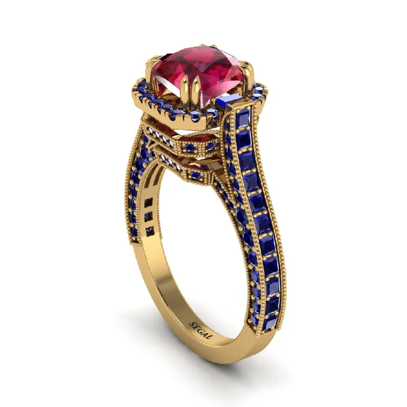 Ladies engagement rings bold cuts -Ruby Three Halo Milgrain Engagement Ring - Mira No. 70