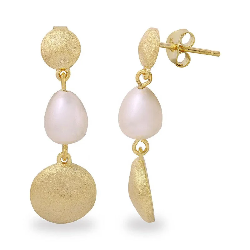 Ladies earrings stylish studs -Silver 925 Gold Plated Disc with Hanging Fresh Water Pearl Earrings - BGE00484