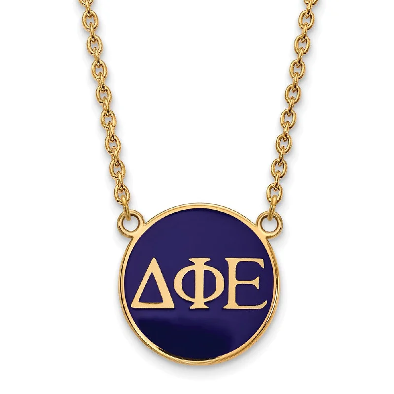 ladies-minimalist-pearl-necklaces-14K Plated Silver Delta Phi Epsilon Large Blue Enamel Disc Necklace