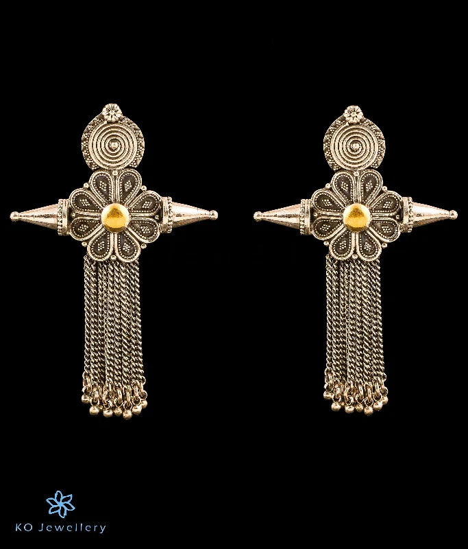 Ladies earrings slim studs -The Vinyas Silver Tassle Earrings (Two tone)