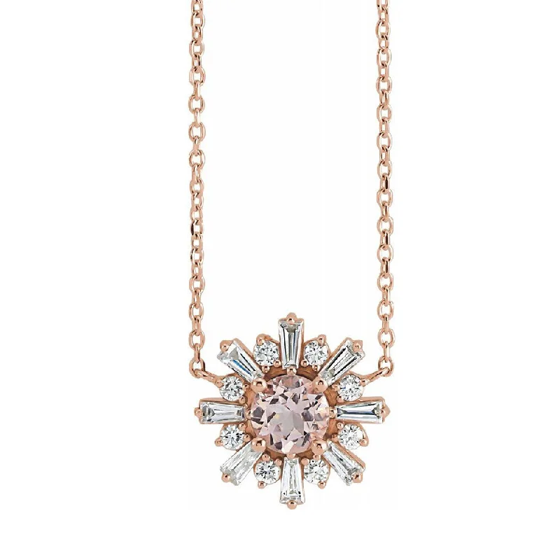 ladies-gold-moon-necklaces-14K Rose Gold Morganite & 3/8 CTW Diamond Starburst Necklace, 18 Inch