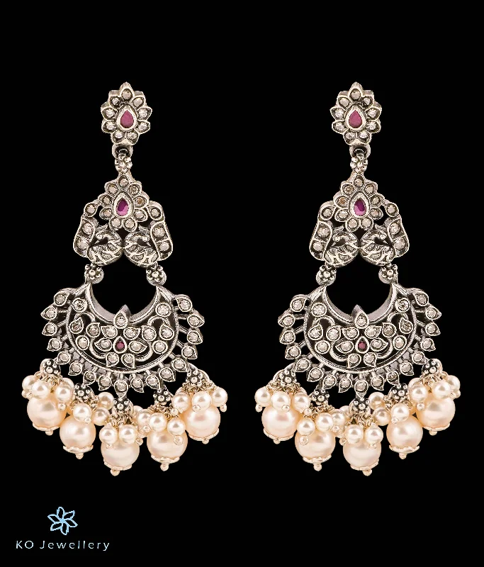 Ladies earrings artsy studs -The Rudina Silver Pearl Peacock Earrings