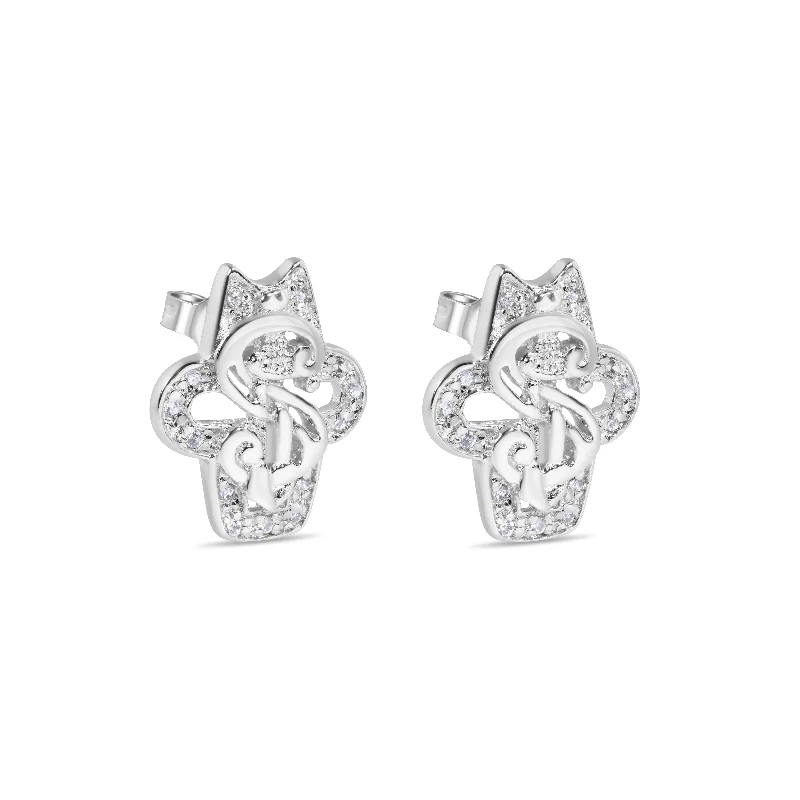 Ladies earrings ornate studs -Final Price-Rhodium Plated 925 Sterling Silver Dollar Sign CZ Stud Earring - STEM127