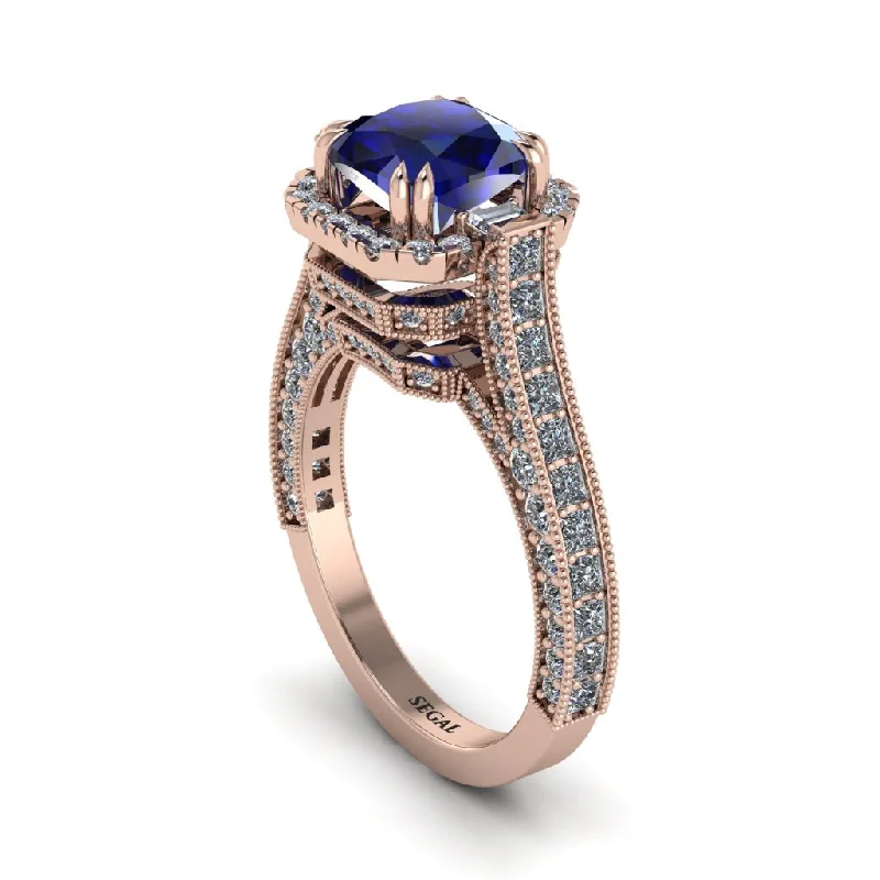 Ladies engagement rings with quartz center -Sapphire Three Halo Milgrain Engagement Ring - Mira No. 14