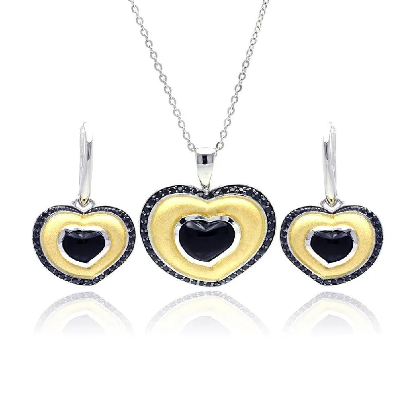 Ladies earrings with spout charms -Clearance-Silver 925 Rhodium Black Rhodium and Gold Plated Heart Black CZ Stud Earring and Necklace Set - BGS00126