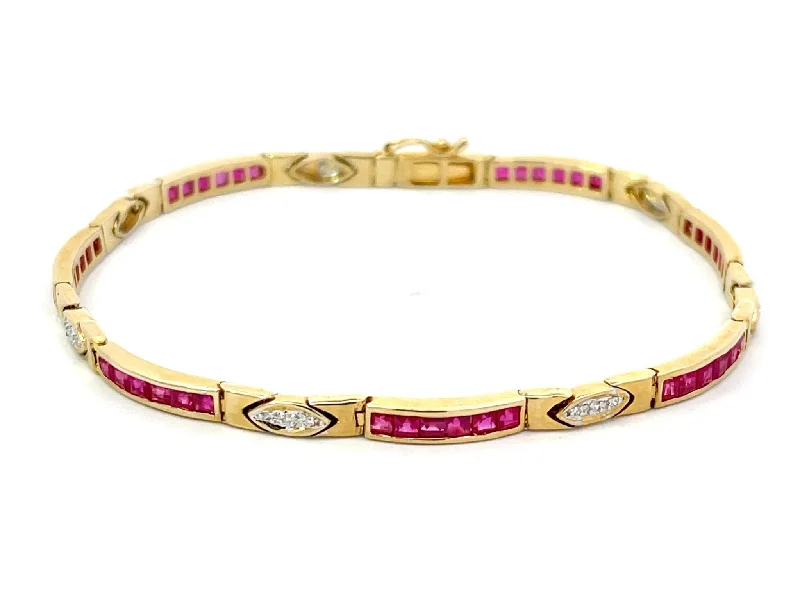 ladies-rose-gold-cuff-bracelets-Princess Cut Red Ruby and Diamond Link Bracelet in 14k Yellow Gold