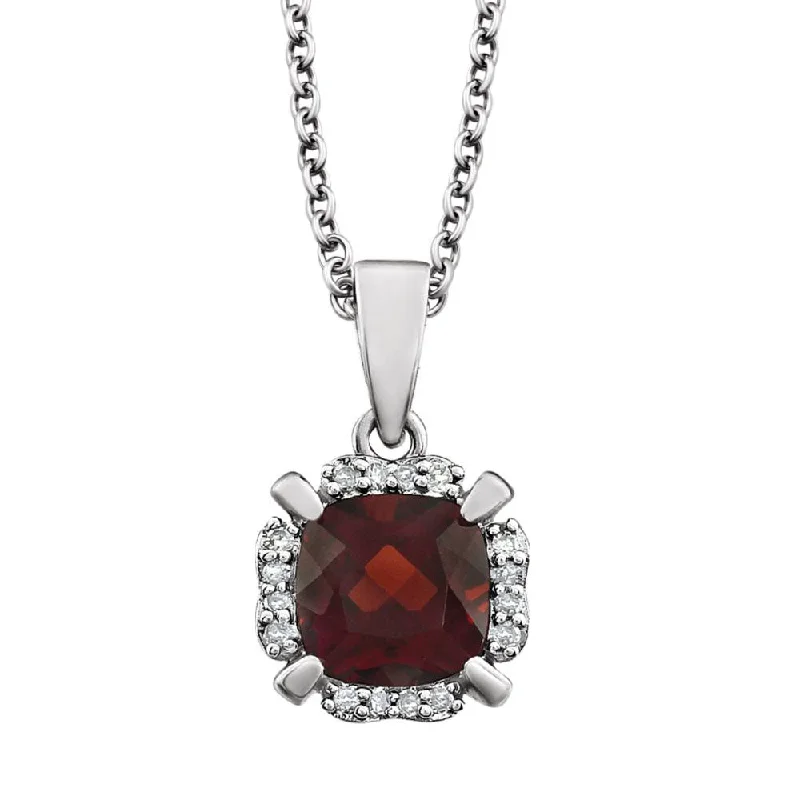 ladies-party-pearl-necklaces-Cushion Mozambique Garnet & Diamond 14k White Gold Necklace, 18 Inch