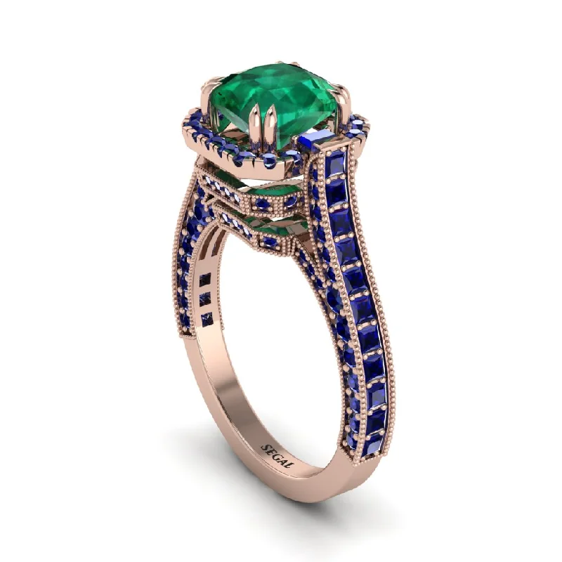 Ladies engagement rings with olive diamonds -Emerald Three Halo Milgrain Engagement Ring - Mira No. 65