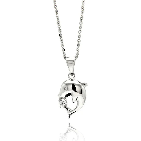 ladies-star-choker-necklaces-Silver 925 Rhodium Plated Dolphin CZ Necklace