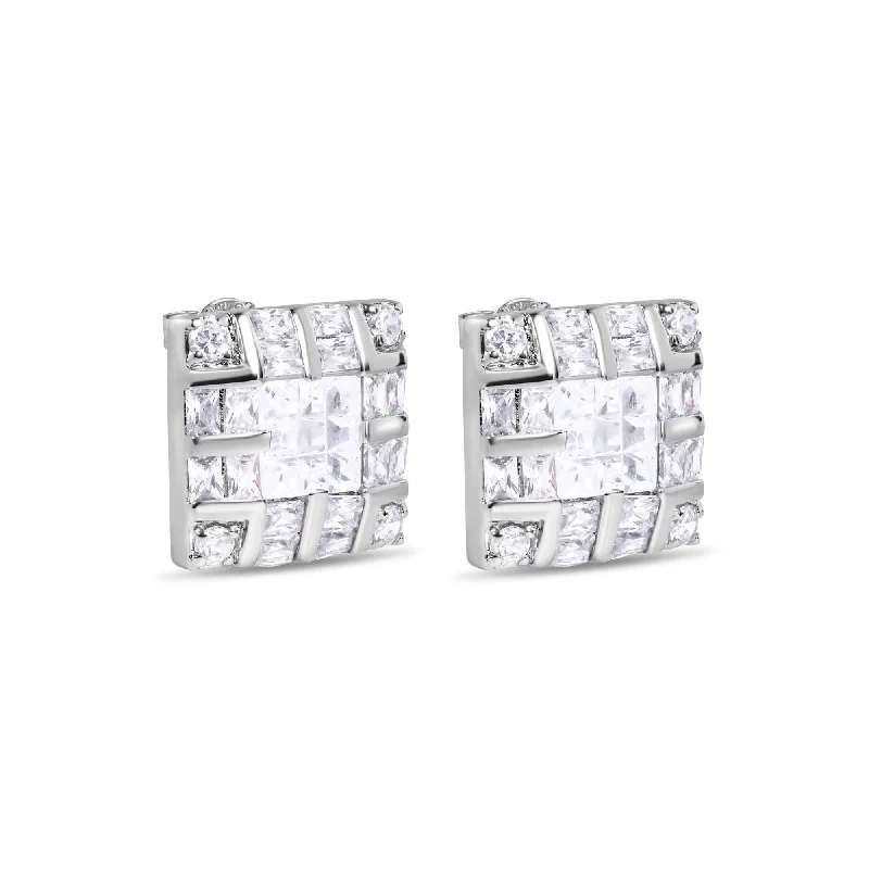 Ladies earrings for brunch dates -Final Price-Rhodium Plated 925 Sterling Silver Square INV Clear CZ Earrings 15mm - STEM131