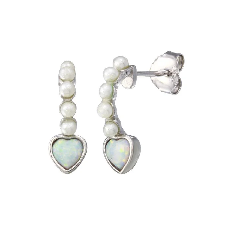 Ladies earrings for book clubs -Rhodium Plated 925 Sterling Silver Climbing Heart Pearl Opal Earring - BGE00726