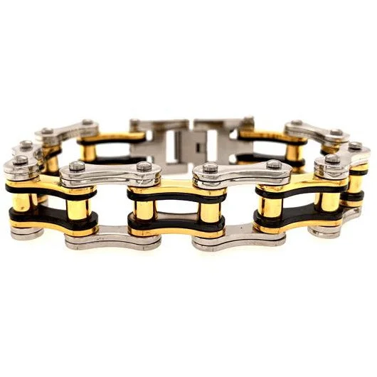 ladies-moon-pearl-bracelets-Stainless Steel Black And 18K Gold PVD Coated Bike Chain Bracelet / WCB1005