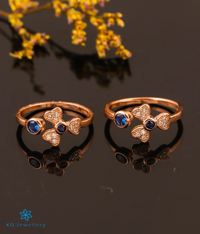 The Dahlia Silver Rosegold Toe-Rings (Blue/ Front open)