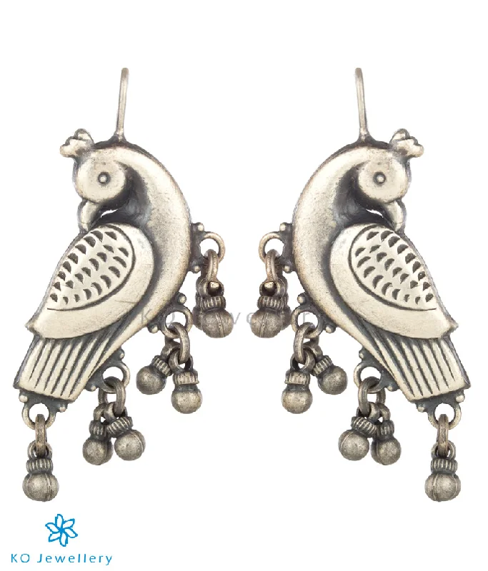 Ladies earrings with lime serpentine -The Kira Silver Parrot Earrings (Oxidised)