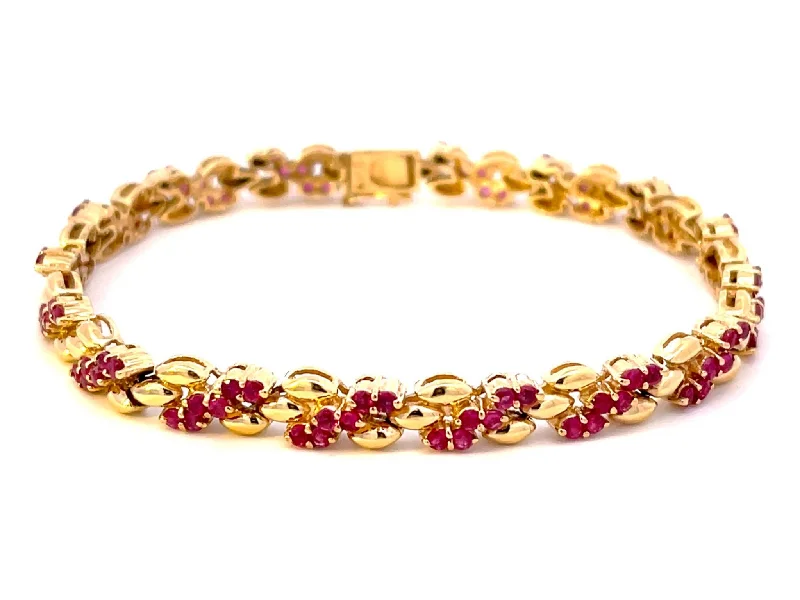 ladies-gift-pearl-bracelets-Round Red Ruby Gold Link Bracelet in 14k Yellow Gold