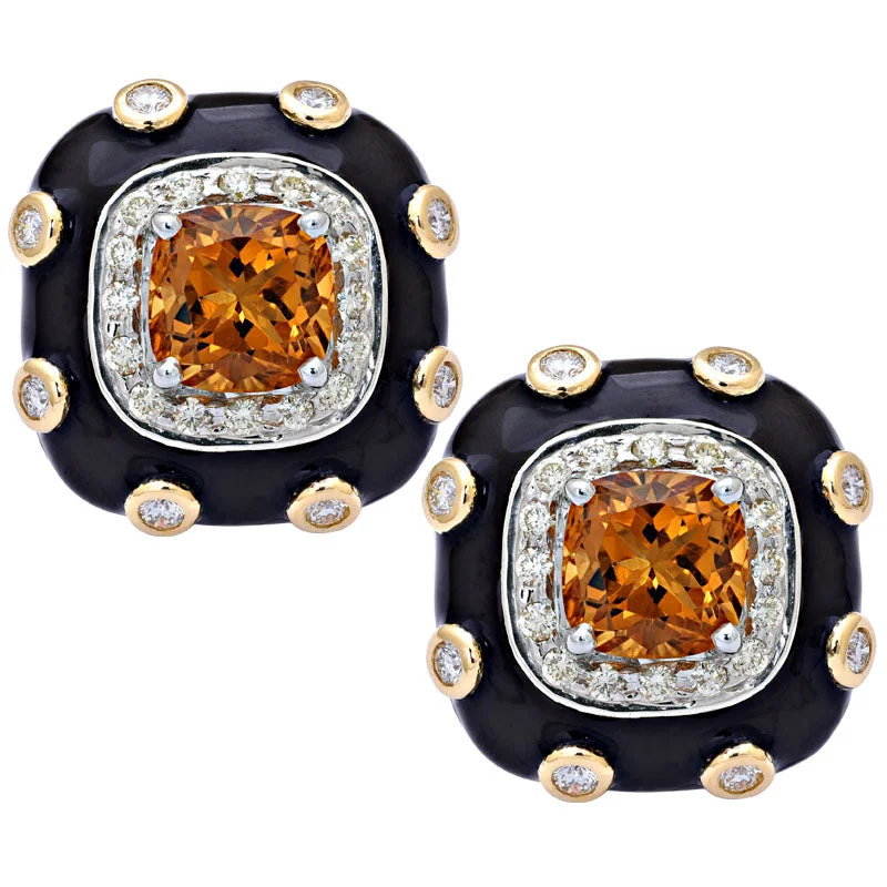 Ladies earrings matte shine -Earrings-Citrine and Diamond (Enamel)