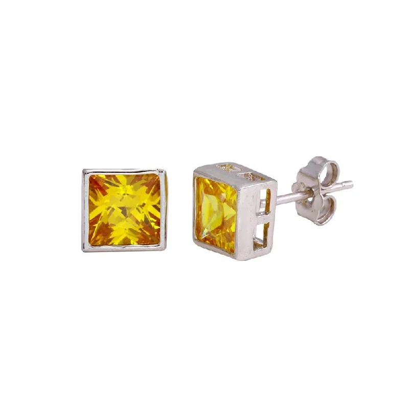 Ladies earrings for team gifts -Final Price-Rhodium Plated 925 Sterling Silver Square Yellow CZ Stud Earring - STEM151-5MM