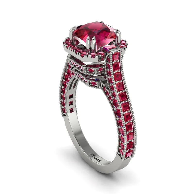 Ladies engagement rings for shared promises -Ruby Three Halo Milgrain Engagement Ring - Mira No. 57