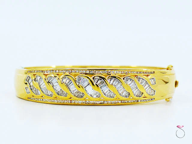 ladies-gemstone-pearl-bracelets-18K Yellow Gold Diamond Bangle Bracelet, Round & Baguette Diamonds 2.48 ctw.