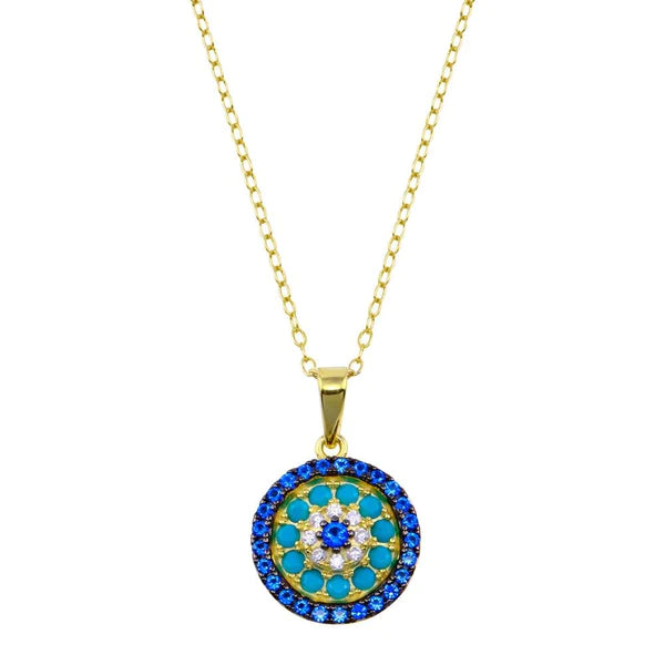 ladies-charm-silver-necklaces-Silver 925 Gold Plated Round Charm Turquoise Blue CZ Necklace