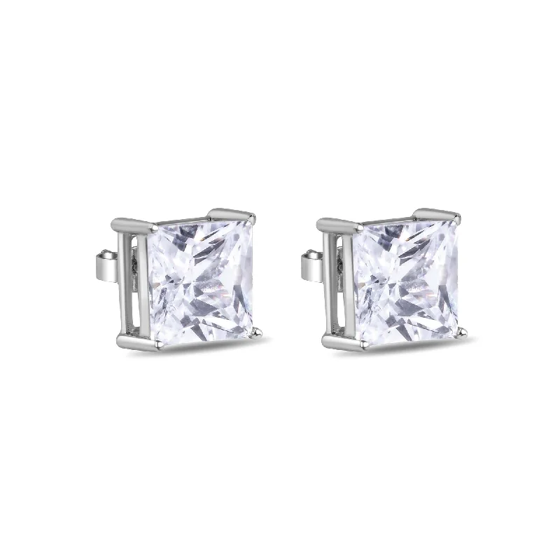 Ladies earrings smooth studs -Final Price-Rhodium Plated 925 Sterling Silver Square Clear CZ Earrings 11mm - STEM082