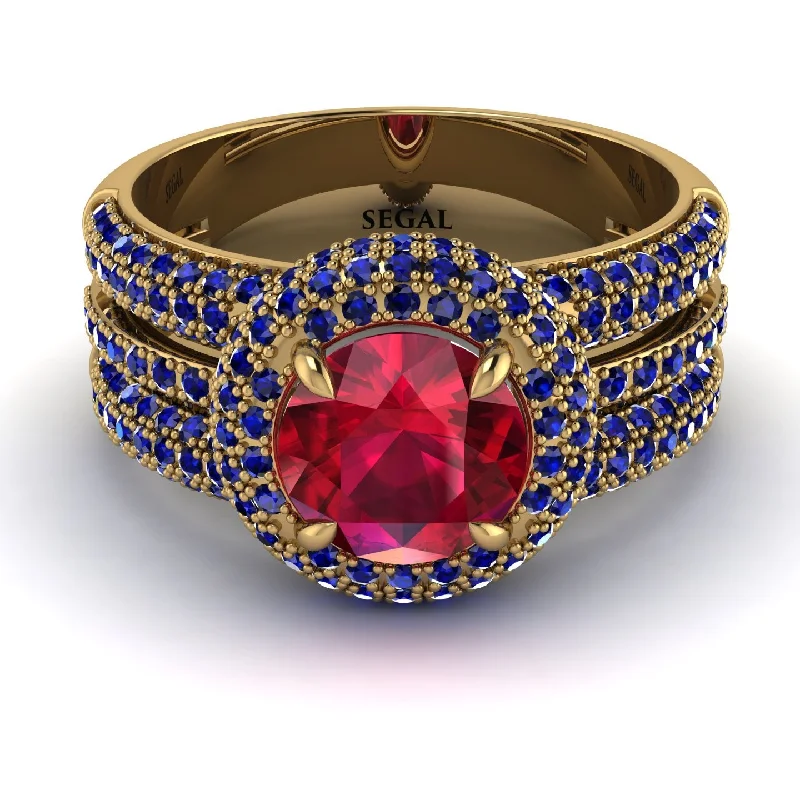 Ladies engagement rings with velvet settings -Ruby Halo Luxury Pave Engagement Ring - Sierra No. 70