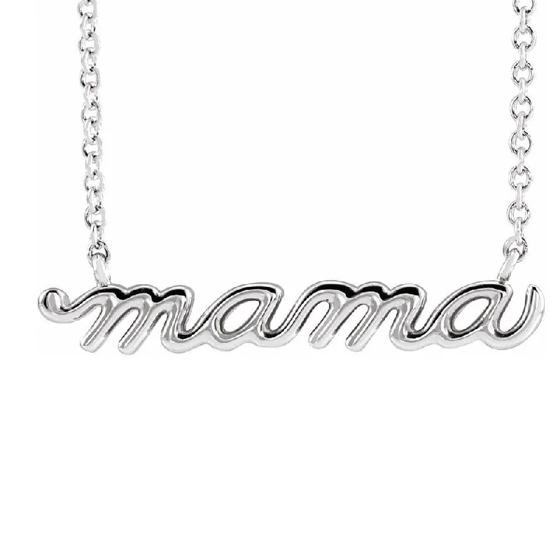 ladies-rustic-gold-necklaces-14K White Gold Petite Mama Script Necklace, 16 or 18 Inch