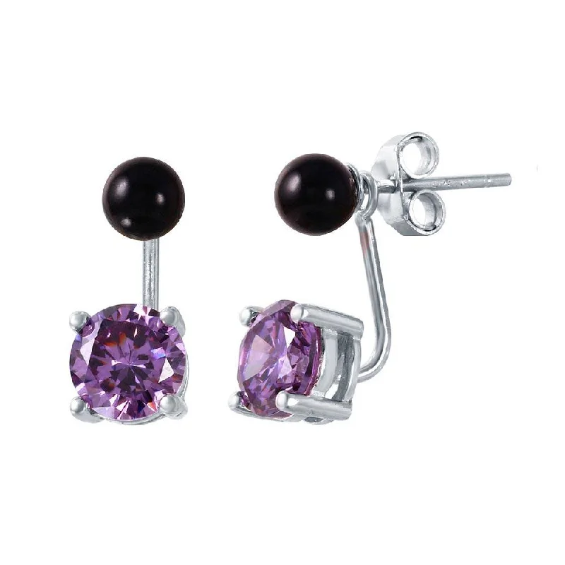 Ladies earrings with blush opal -Rhodium Plated 925 Sterling Silver Birthstone Black Synthetic Pearl Purple CZ Front and Back  Earrings - STE00999FEB