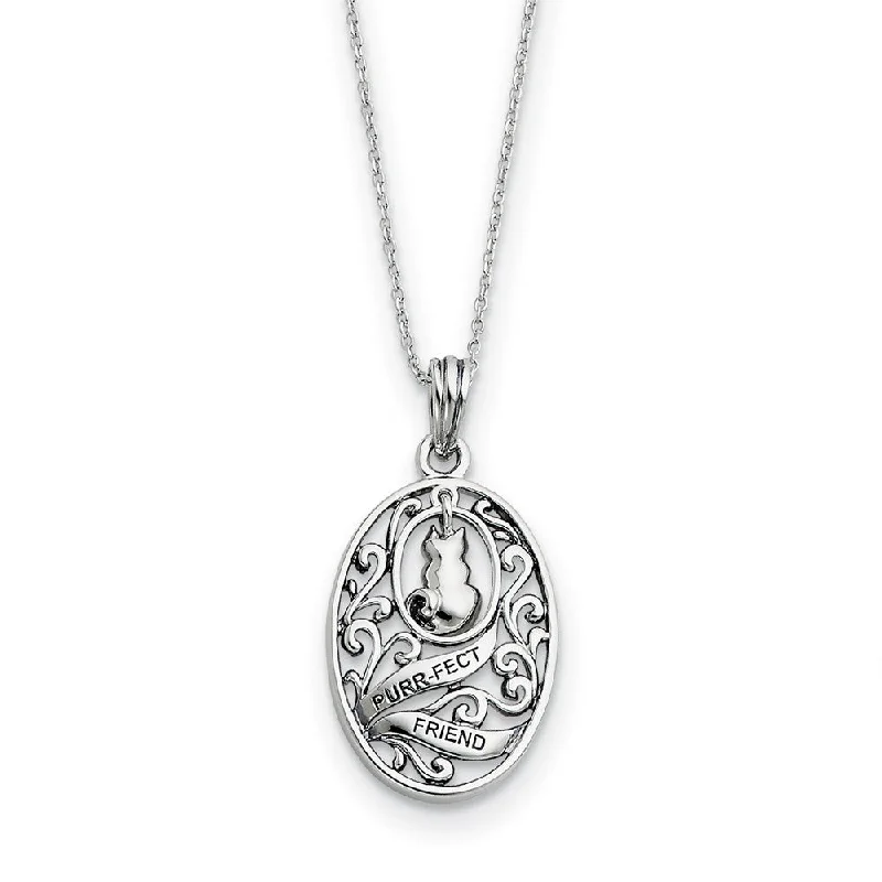 ladies-bohemian-tassel-necklaces-Rhodium Plated Sterling Silver Animal Friends, Oval Cat Necklace