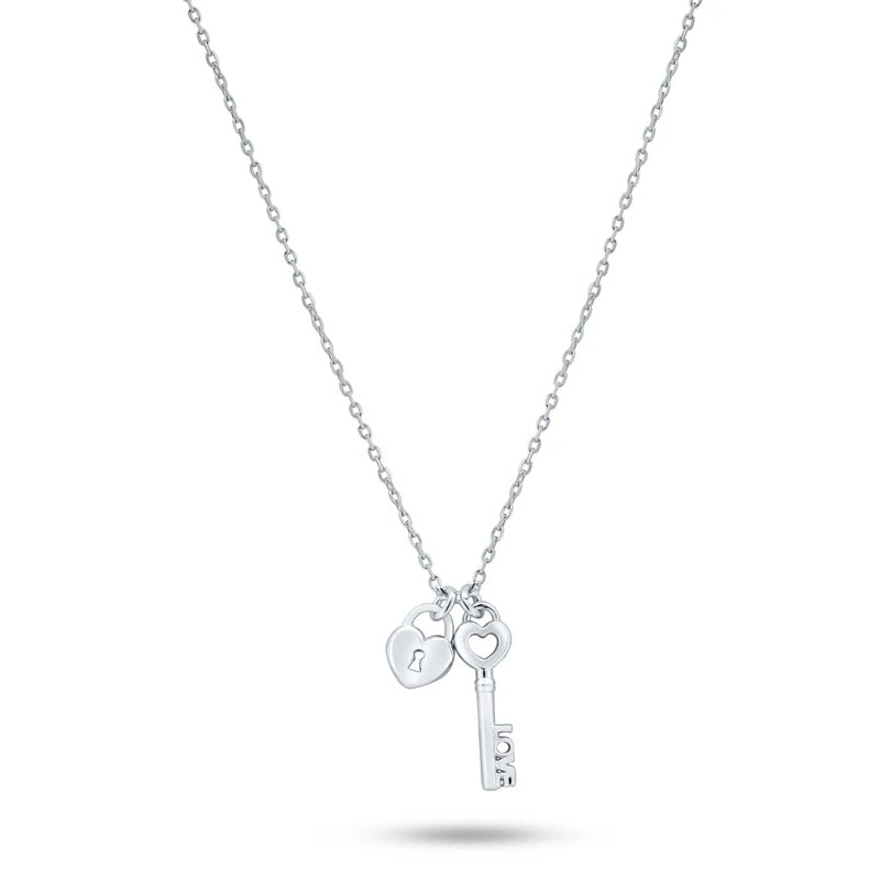 ladies-sterling-silver-heart-necklaces-Rhodium Plated 925 Sterling Silver Small Love Key and Heart Lock Necklace