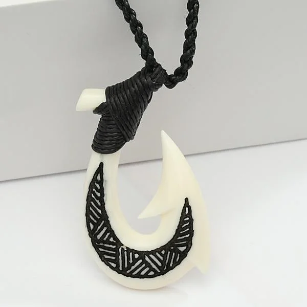 ladies-classic-pearl-necklaces-Cow Bone Fish Hook Necklace w/Black Enamel Carving Black Cord 25x42mm