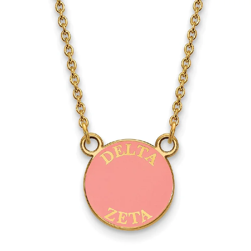 ladies-gold-pearl-necklaces-14K Plated Silver Delta Zeta Small Pink Enamel Disc Necklace