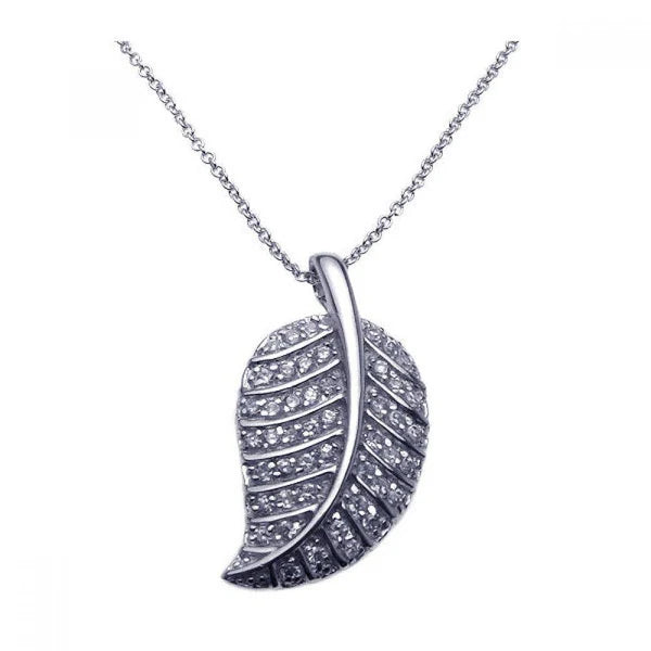 ladies-bohemian-charm-necklaces-Silver 925 Rhodium Plated Clear CZ Leaf Pendant Necklace