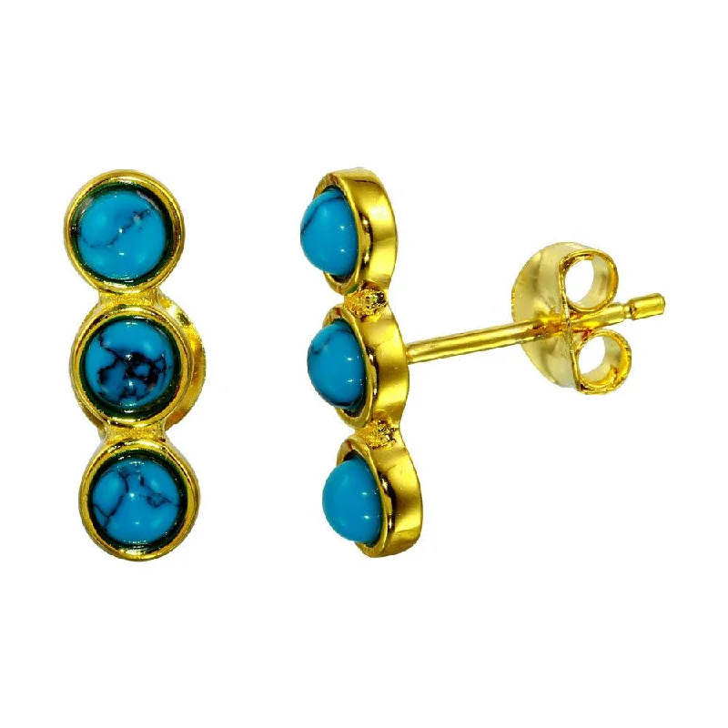 Ladies earrings artsy studs -Gold Plated 925 Sterling Silver 3 Round Turquoise Earrings - BGE00565