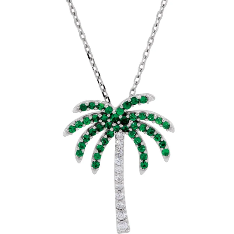 ladies-ethnic-gold-necklaces-Tsavorite Garnet & Diamond Palm Tree 14k White Gold Necklace, 18 Inch