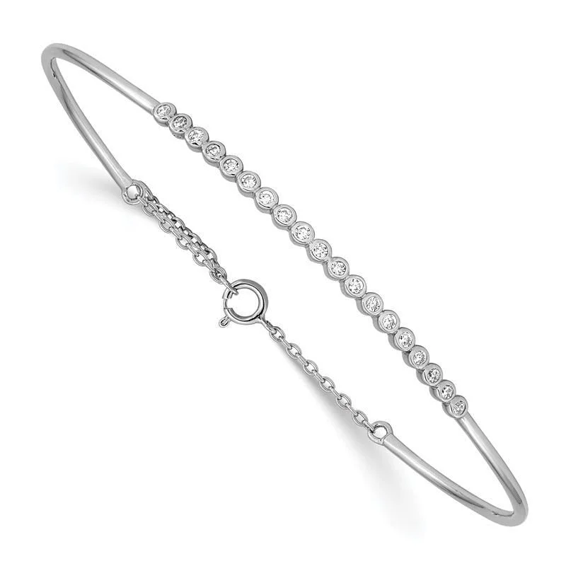 ladies-modern-diamond-bracelets-Sterling Silver Rhodium Plated Children's CZ Bangle with Safety Chain Bracelet