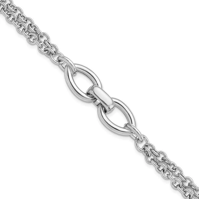 ladies-fashion-rose-gold-bracelets-Sterling Silver Rhodium-pltd Double Chain w/2 Oval Links Bracelet