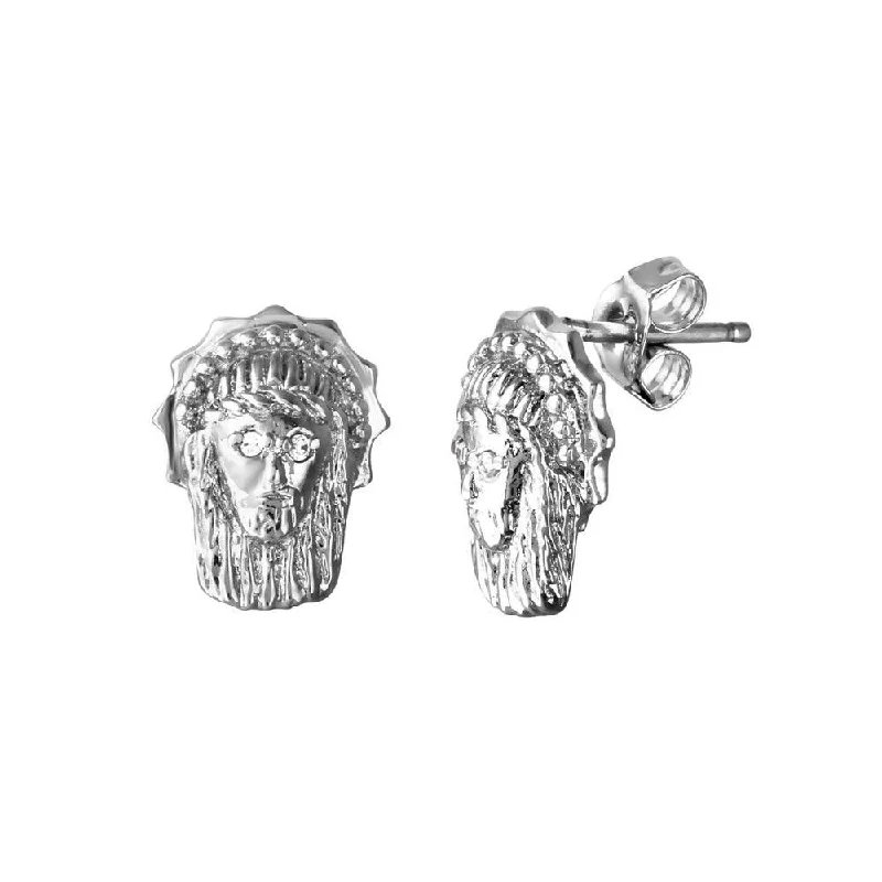 Ladies earrings with crescent drops -Final Price-Rhodium Plated 925 Sterling Silver Jesus Face Clear CZ Stud Earring - STEM017