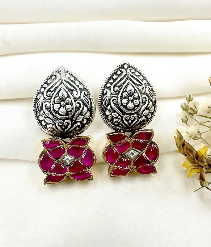 Ladies earrings for actors -The Intricate Silver Kundan Earrings (Red)(2 tone)